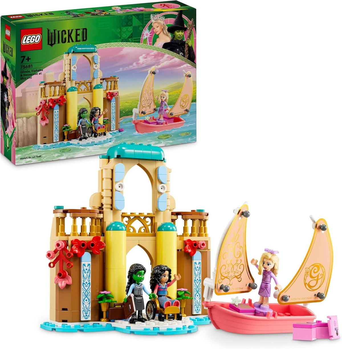 Wicked Glinda, Elphaba & Nessarose at Shiz University Building Set with Sailing Boat Toy and 3 Mini-Doll Figures, Movie Gift for 7 plus Year Old Girls & Boys Who Love Doll’S House Playsets 75681