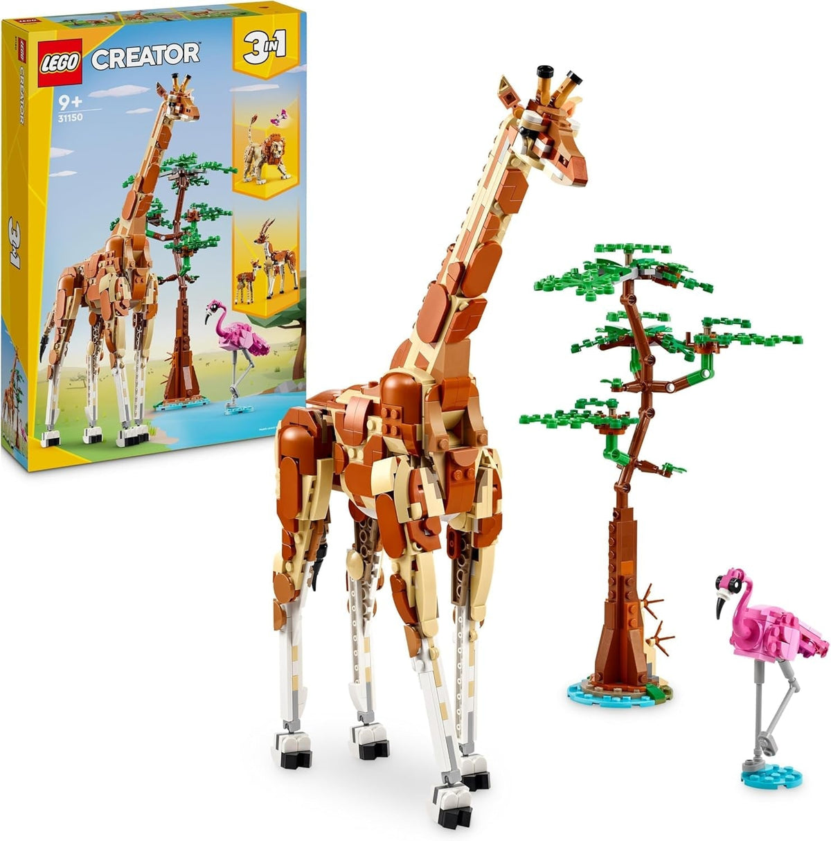 Creator 3In1 Wild Safari Animals, Giraffe Toy to Gazelle Figures to Lion Model, Set for Kids, Girls & Boys Aged 9 Plus, Includes Flamingo and Butterfly, Nature Gifts for Imaginative Play 31150