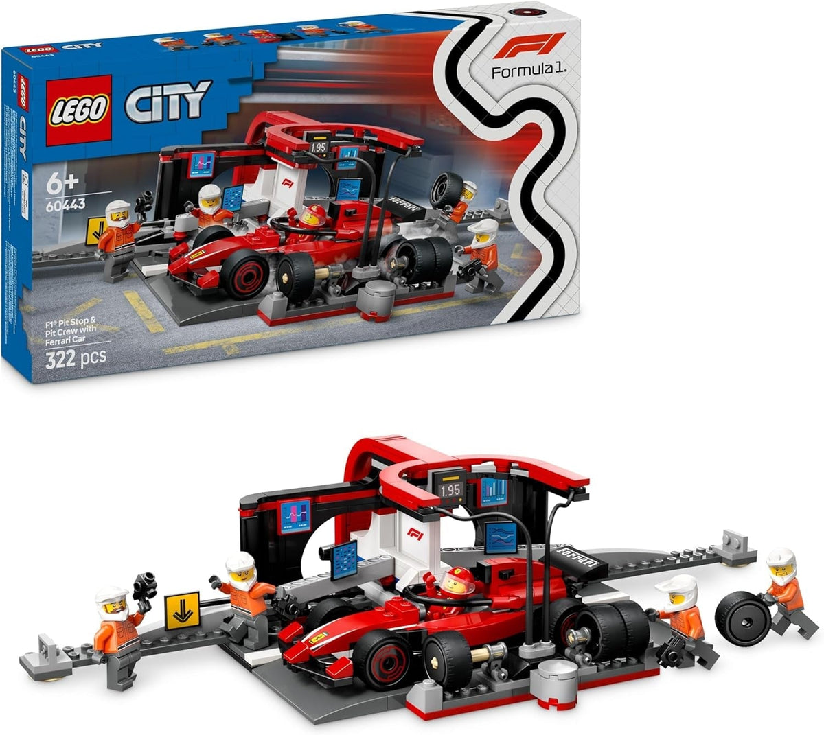 City F1 Pit Stop & Pit Crew with Ferrari Car Toy - Formula 1 Set Incl. a Driver Minifigure, 4 Mechanics, Spare Tyres & Wheel Guns - Building Toys for 6+ Year Old Boys & Girls - 60443