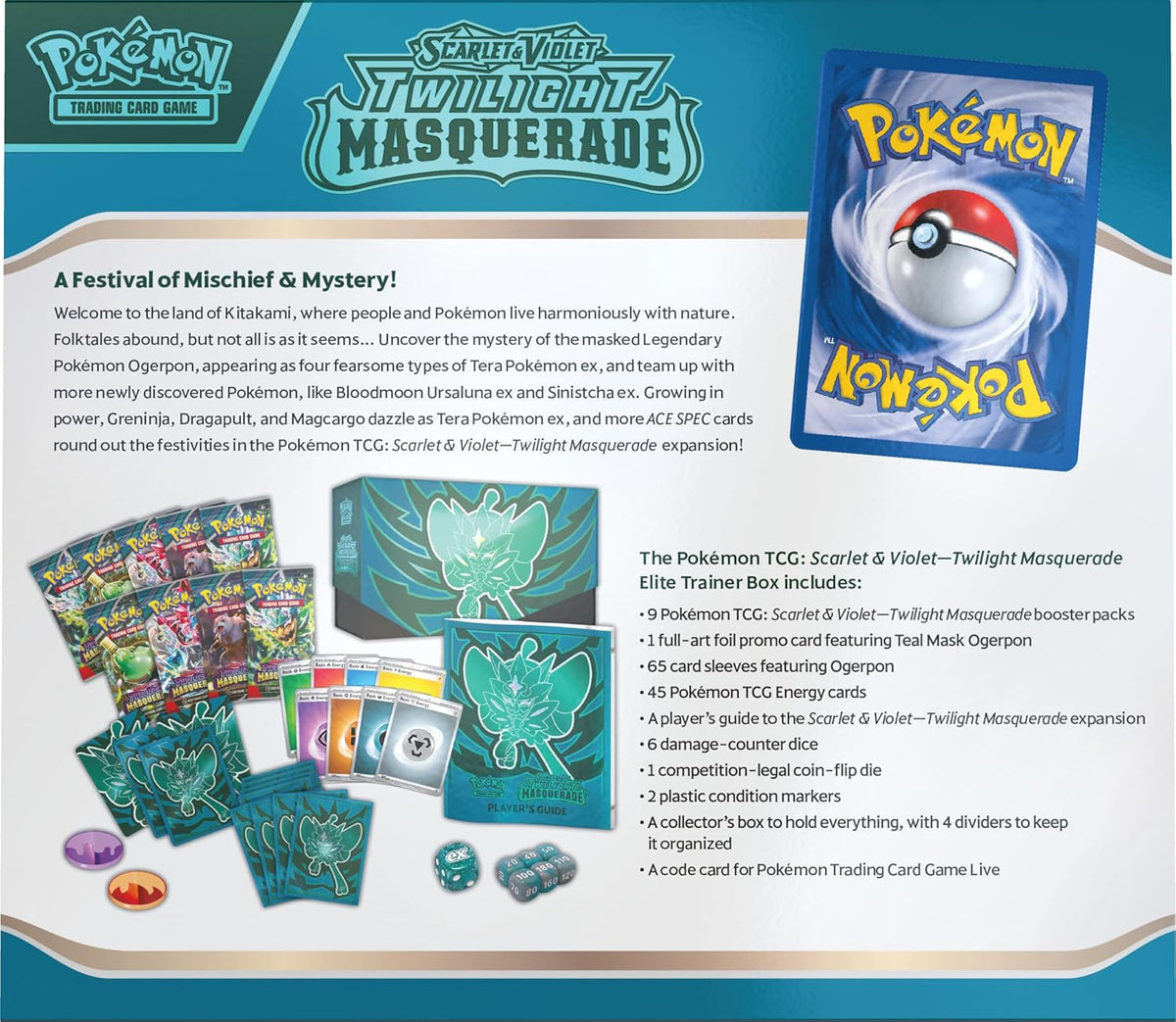 TCG: Scarlet & Violet—Twilight Masquerade Elite Trainer Box (1 Full-Art Teal Mask Ogerpon Promo Card, 9 Boosters & Premium Accessories)