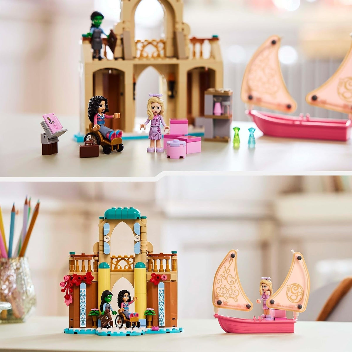 Wicked Glinda, Elphaba & Nessarose at Shiz University Building Set with Sailing Boat Toy and 3 Mini-Doll Figures, Movie Gift for 7 plus Year Old Girls & Boys Who Love Doll’S House Playsets 75681