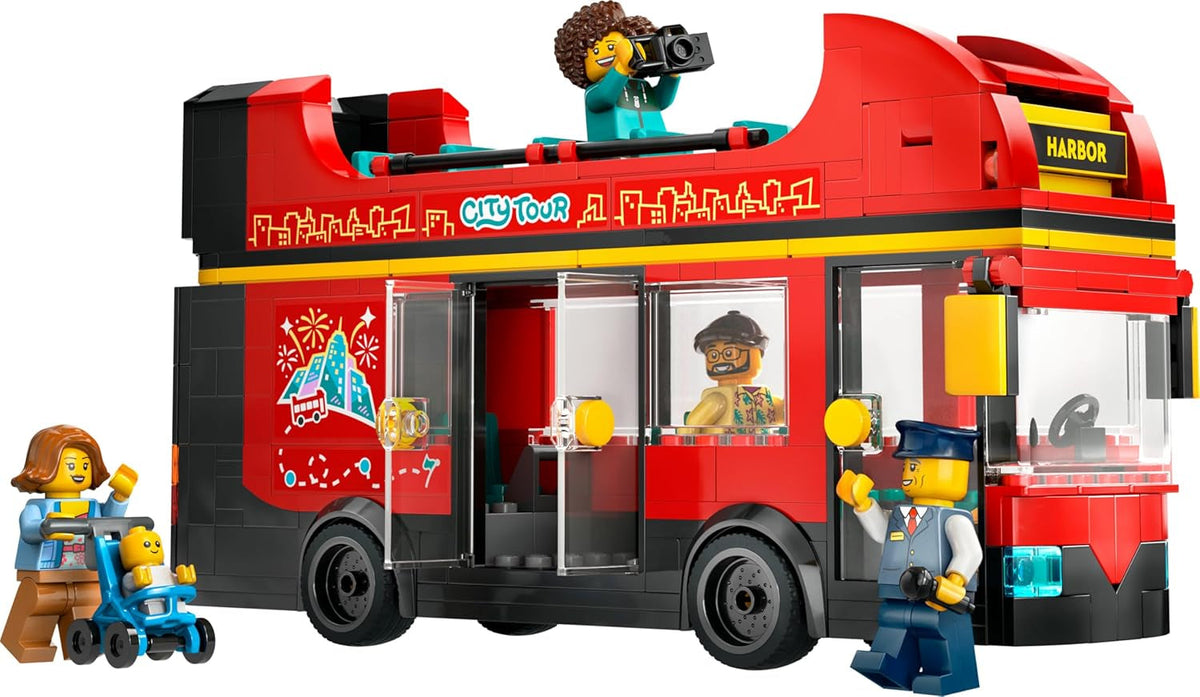 City Red Double-Decker Sightseeing Bus Toy, Red Vehicle for 7 plus Year Old Boys & Girls, Creative Set with 5 Minifigures Including a Baby and Buggy, Birthday Gift Idea 60407