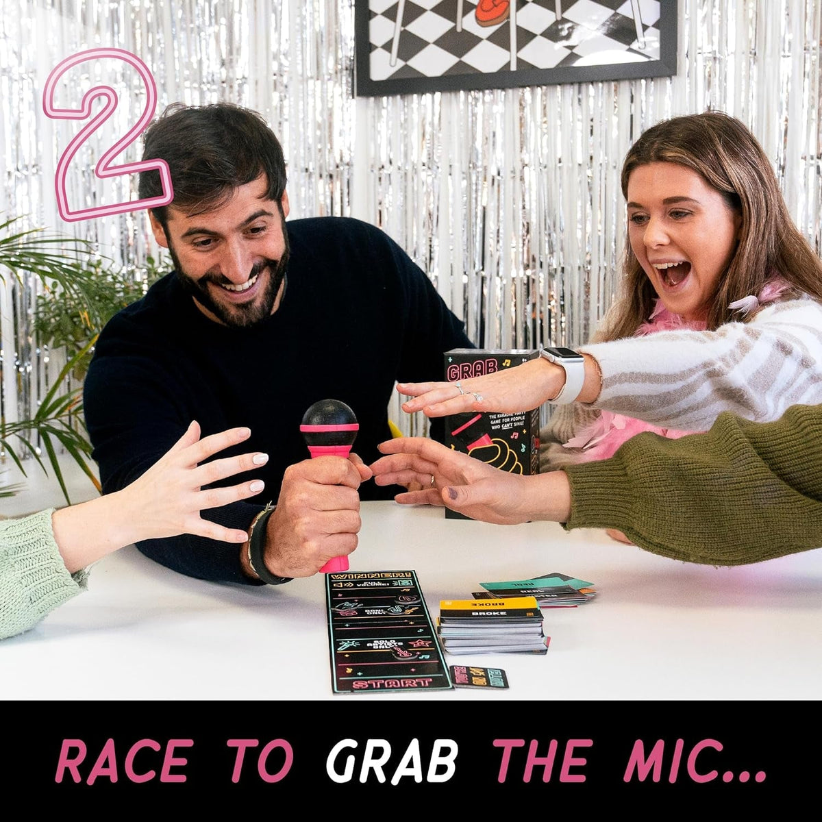 Grab the Mic - the Family Karaoke Game 8+ Year Olds, 2-10 Players - Board Game for Bad Singers - 250 Lyric Cards for Fun Hilarious Games Night, Birthday Party, Kids Gift