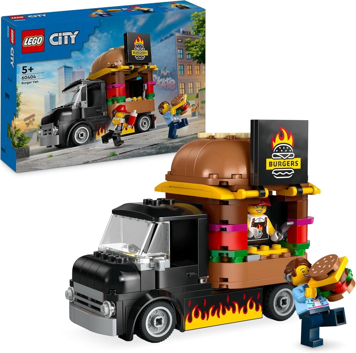 City Burger Van, Food Truck Toy for 5 plus Year Old Boys & Girls, Vehicle Building Toys, Kitchen Playset with Vendor Minifigure and Accessories, Imaginative Play Gifts for Kids 60404
