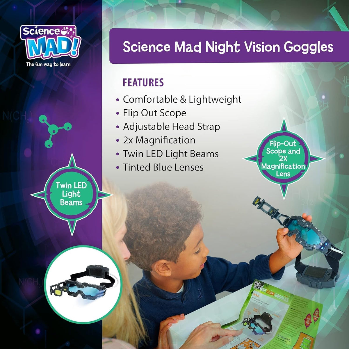 ! Night Vision Goggles for Kids - for Fun Night Missions - Lightweight, Flip Out Scope, 2X Magnification, Twin LED Beams, Blue Lenses, 6+ Years, ‎20 X 10 X 5.5 Cm (SM55) , Black