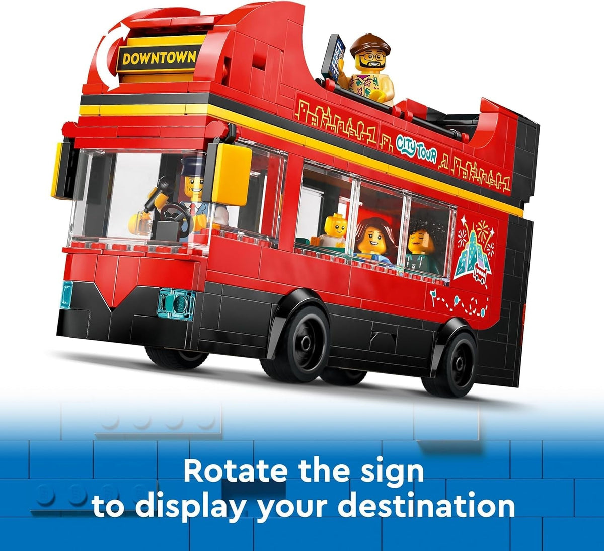 City Red Double-Decker Sightseeing Bus Toy, Red Vehicle for 7 plus Year Old Boys & Girls, Creative Set with 5 Minifigures Including a Baby and Buggy, Birthday Gift Idea 60407