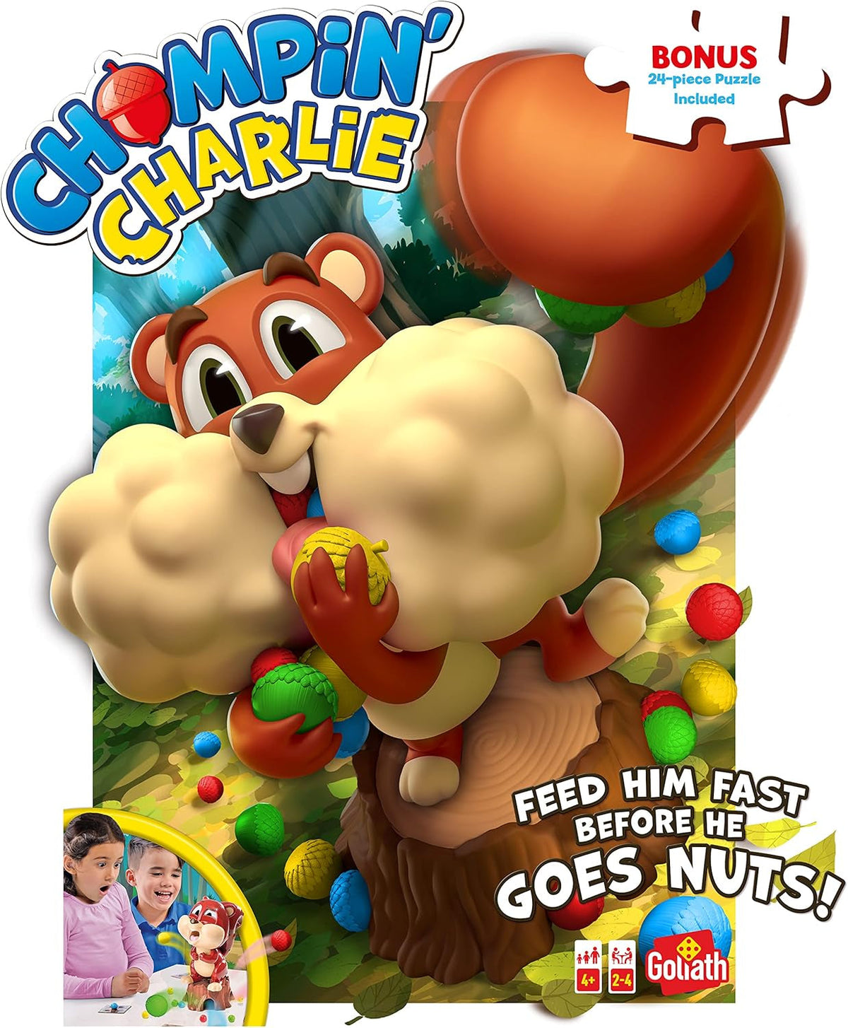 Games 919583.004 Chompin' Charlie with Bonus 24Pc Jigsaw Puzzle Kids Action Games | for Ages 4+ | for 2-4 Players, Multi