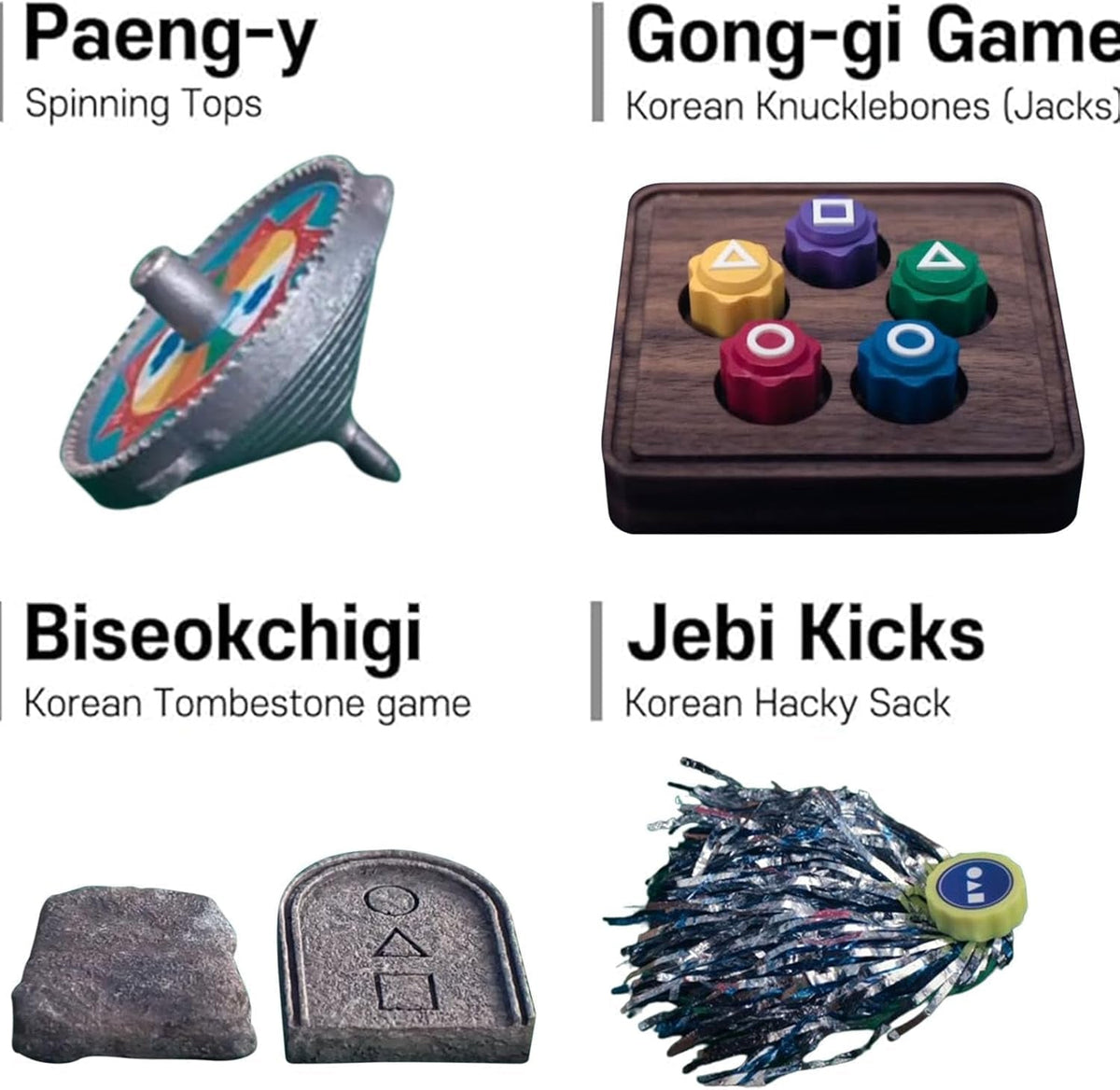 Gonggi Korean Traditional Play Game Set, Family Travel Games- Jebi Chagi, Gong-Gi, Biseokchigi, Paeng-Y, DDAKJI, Portable & Durable Gonggi Folk Game Set for TV Fans