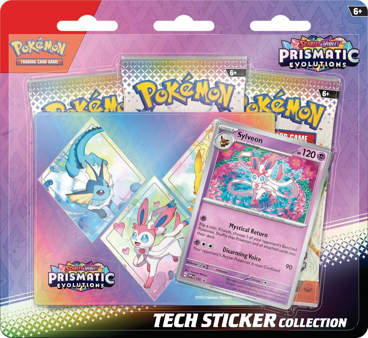 TCG: Scarlet & Violet—Prismatic Evolutions Tech Sticker Collection – Sylveon (1 Foil Promo Card & 3 Booster Packs)
