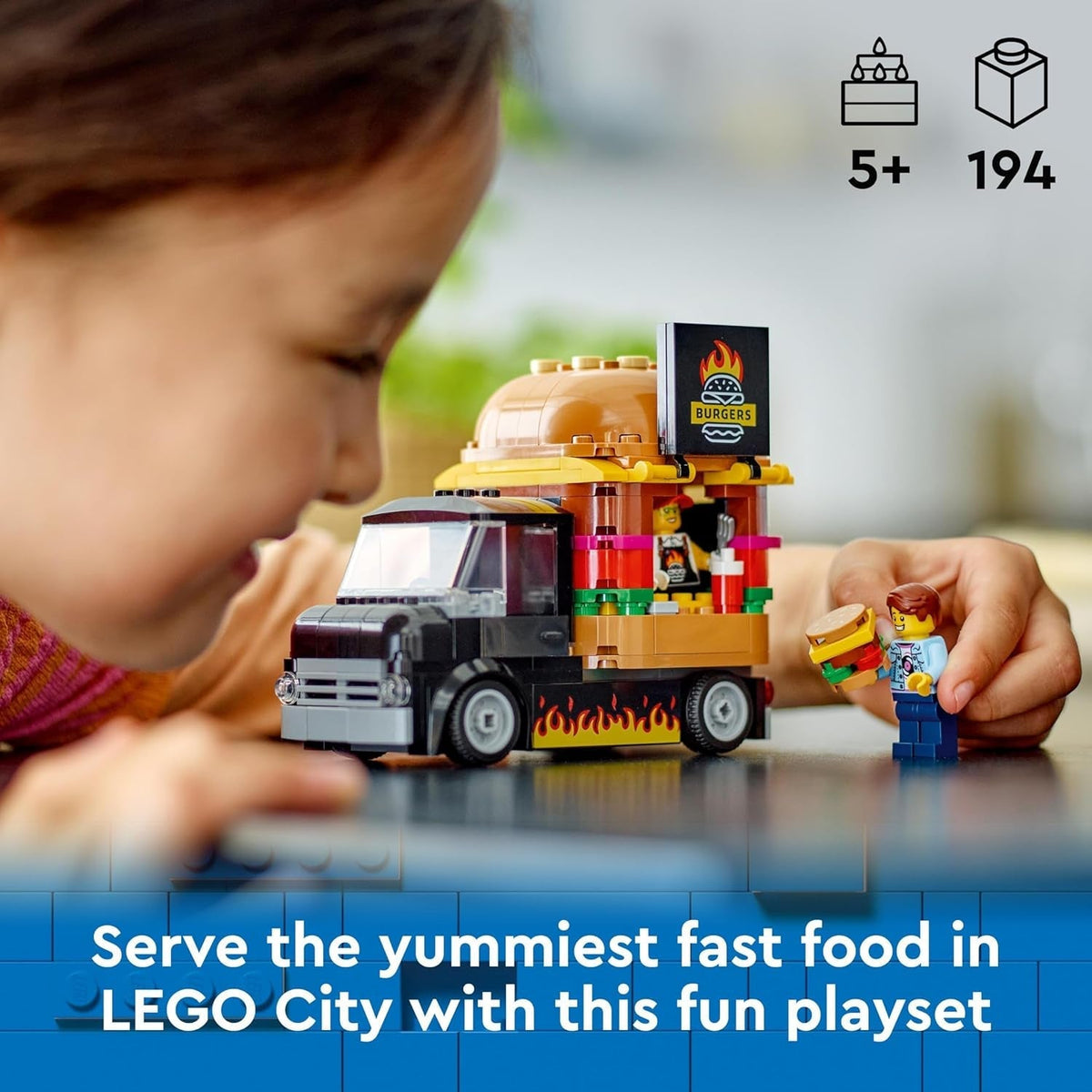City Burger Van, Food Truck Toy for 5 plus Year Old Boys & Girls, Vehicle Building Toys, Kitchen Playset with Vendor Minifigure and Accessories, Imaginative Play Gifts for Kids 60404