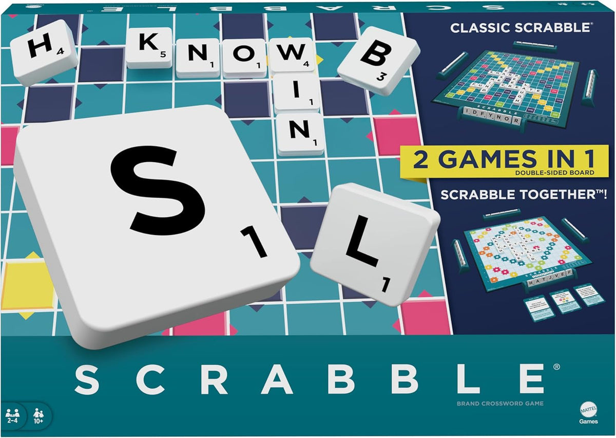 Scrabble Board Game, Family Word Game with Two Ways to Play, Includes 50 Goal Cards That Teach Scrabble Basics for 2-4 Players, UK Version, HWD43