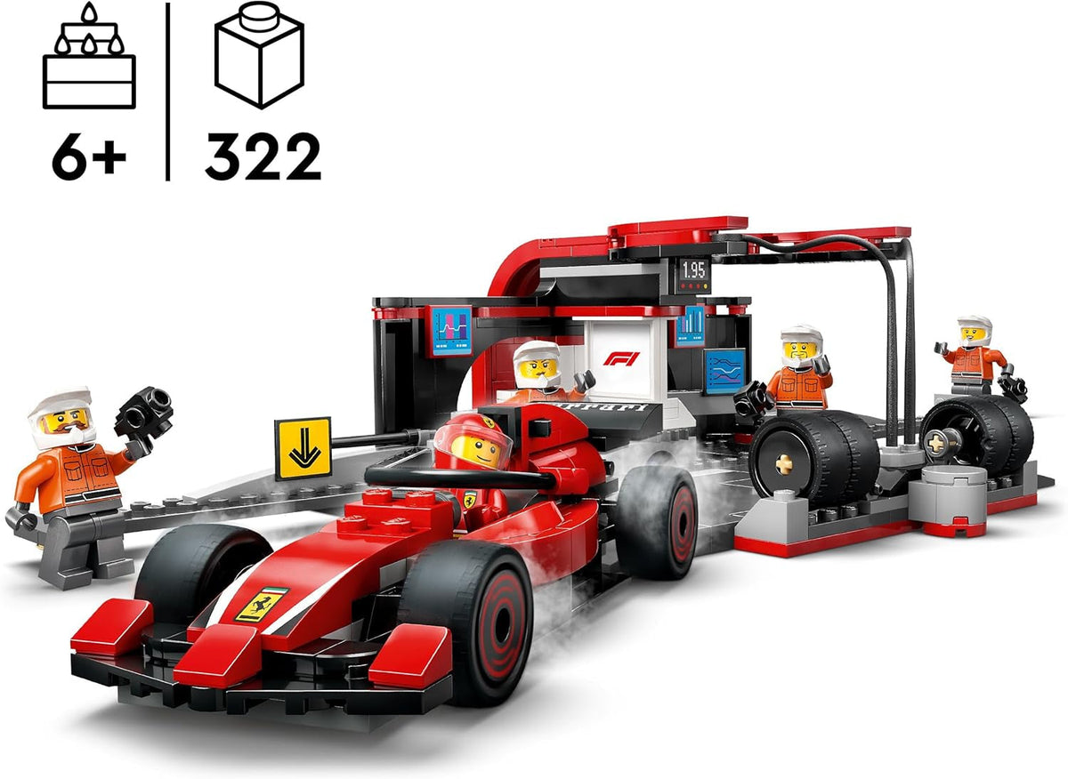 City F1 Pit Stop & Pit Crew with Ferrari Car Toy - Formula 1 Set Incl. a Driver Minifigure, 4 Mechanics, Spare Tyres & Wheel Guns - Building Toys for 6+ Year Old Boys & Girls - 60443