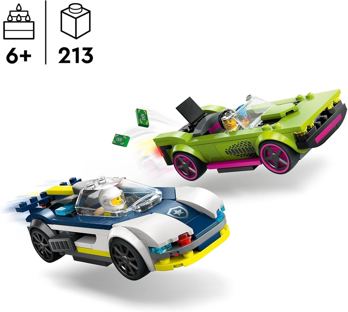 City Police Car and Muscle Car Chase, Racing Vehicle Toys for 6 plus Year Old Boys & Girls, Fun Gift for Kids Who Love Pretend Play, Includes Officer and Crook Minifigures 60415