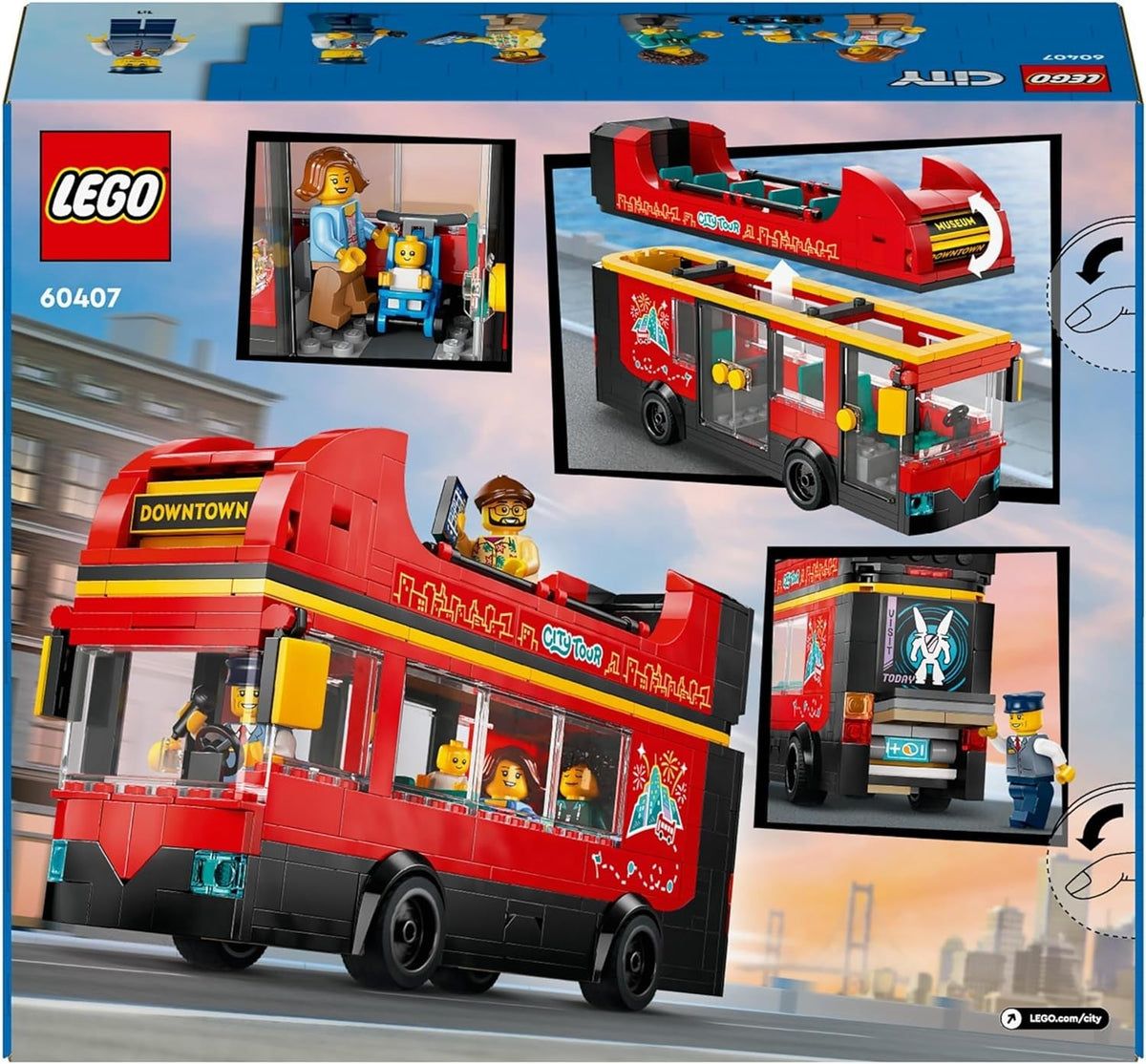 City Red Double-Decker Sightseeing Bus Toy, Red Vehicle for 7 plus Year Old Boys & Girls, Creative Set with 5 Minifigures Including a Baby and Buggy, Birthday Gift Idea 60407