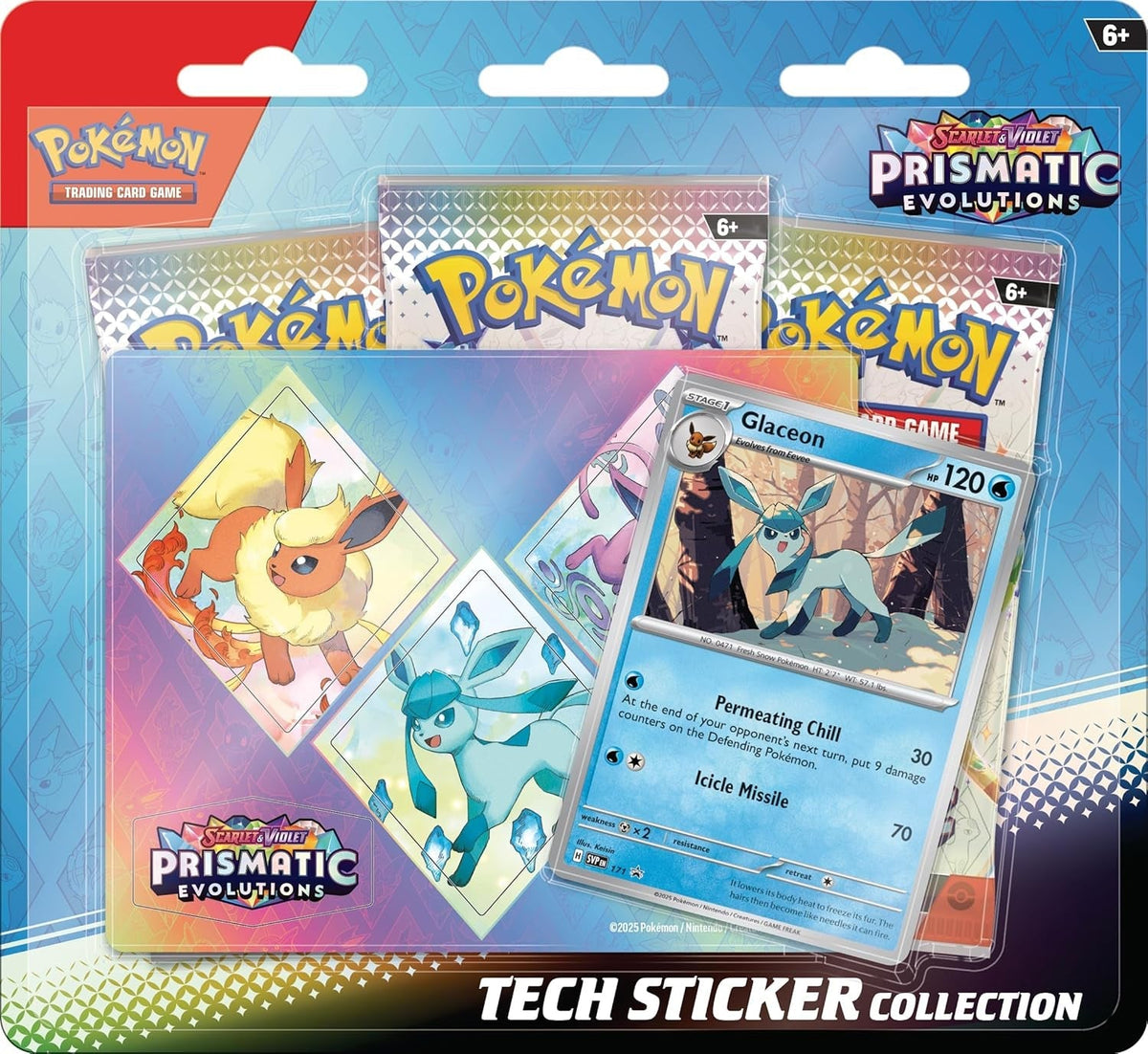TCG: Scarlet & Violet—Prismatic Evolutions Tech Sticker Collection – Glaceon (1 Foil Promo Card & 3 Booster Packs)
