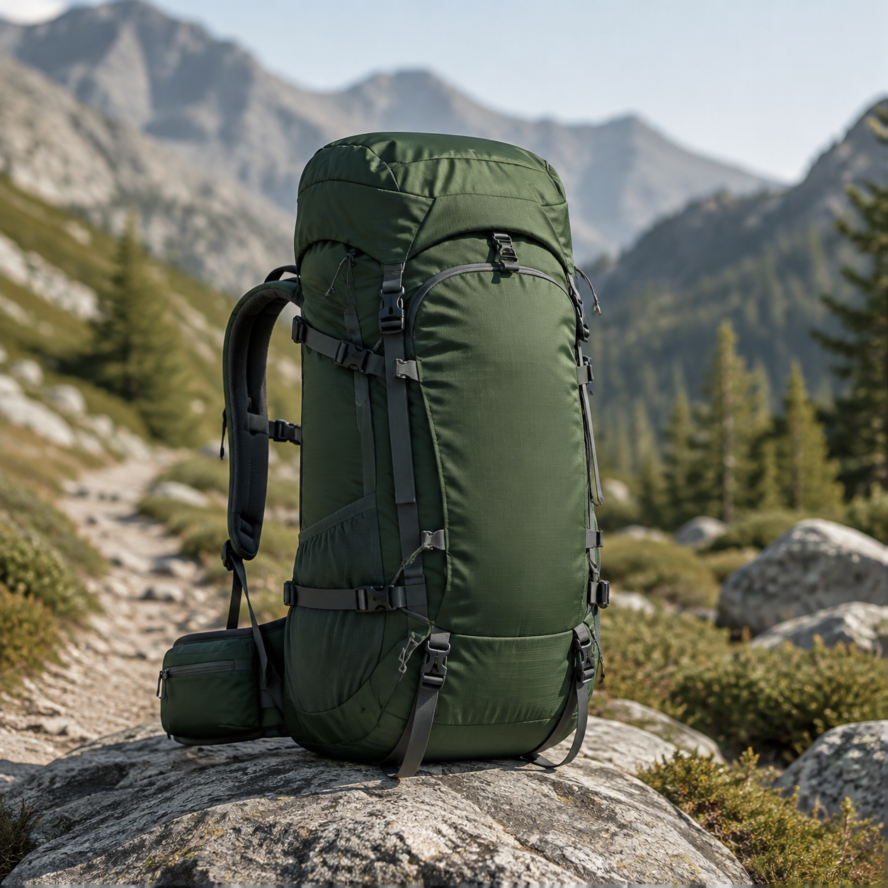 Technical hiking backpack beside an alpine trail